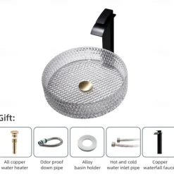 Bathroom Vessel Sink with Black Faucet, Modern Clear Tempered Glass Basin with Pop-Up Drain, Artistic Round Basin Bowl Set, Above Counter Vanity Sink