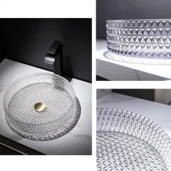 Bathroom Vessel Sink with Black Faucet, Modern Clear Tempered Glass Basin with Pop-Up Drain, Artistic Round Basin Bowl Set, Above Counter Vanity Sink