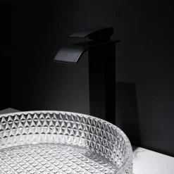 Bathroom Vessel Sink with Black Faucet, Modern Clear Tempered Glass Basin with Pop-Up Drain, Artistic Round Basin Bowl Set, Above Counter Vanity Sink