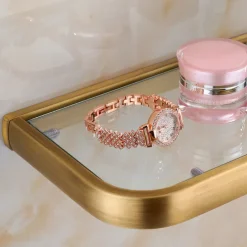 Bathroom Wall Mounted Single Layer Rectangle Glass Shelf Antique Brass Finish Bathroom Storage Bathroom Accessories Holder