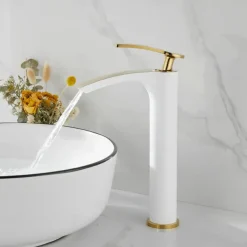 Bathroom Waterfall Sink Faucet, Basin Mixer Taps Tall Short Brass, Deck Mounted Single Handle One Hole Tap with Hot and Cold Hose Vessel Water Tap Washroom