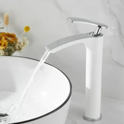 Bathroom Waterfall Sink Faucet, Basin Mixer Taps Tall Short Brass, Deck Mounted Single Handle One Hole Tap with Hot and Cold Hose Vessel Water Tap Washroom