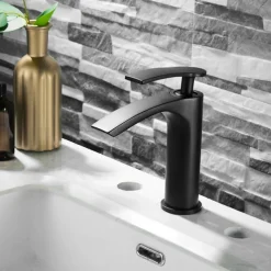 Bathroom Waterfall Sink Faucet, Basin Mixer Taps Tall Short Brass, Deck Mounted Single Handle One Hole Tap with Hot and Cold Hose Vessel Water Tap Washroom