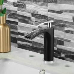 Bathroom Waterfall Sink Faucet, Basin Mixer Taps Tall Short Brass, Deck Mounted Single Handle One Hole Tap with Hot and Cold Hose Vessel Water Tap Washroom