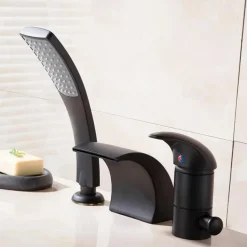 Bathtub Faucet - Contemporary Chrome Free Standing Ceramic Valve Bath Shower Mixer Taps / Two Handles Three Holes