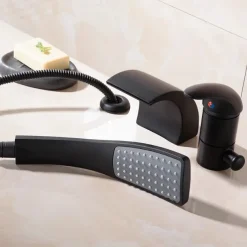 Bathtub Faucet - Contemporary Chrome Free Standing Ceramic Valve Bath Shower Mixer Taps / Two Handles Three Holes