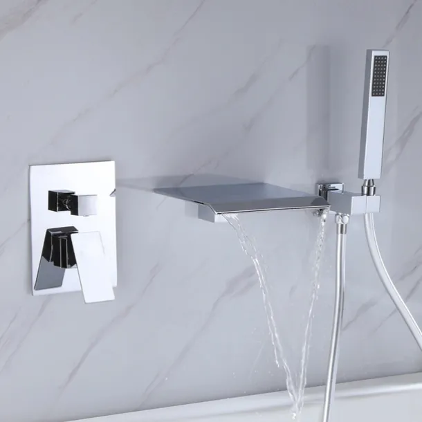 Bathtub Faucet - Contemporary Chrome Wall Installation Ceramic Valve Bath Shower Mixer Taps