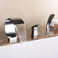 Bathtub Faucet - Contemporary Chrome Roman Tub Ceramic Valve Bath Shower Mixer Taps / Brass / Single Handle Three Holes