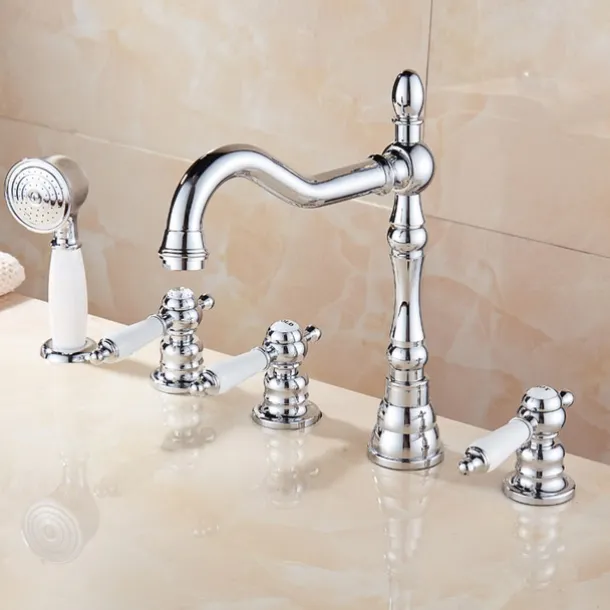 Bathtub Faucet - Contemporary Chrome Roman Tub Ceramic Valve Bath Shower Mixer Taps / Three Handles Two Holes