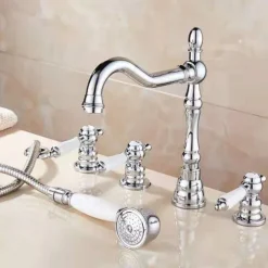 Bathtub Faucet - Contemporary Chrome Roman Tub Ceramic Valve Bath Shower Mixer Taps / Three Handles Two Holes