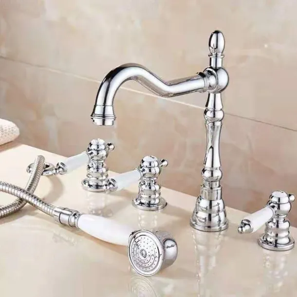 Bathtub Faucet - Contemporary Chrome Roman Tub Ceramic Valve Bath Shower Mixer Taps / Three Handles Two Holes