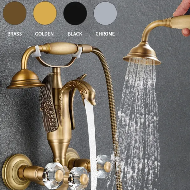 Bathtub Faucet - Contemporary Antique Brass Wall Installation Brass Valve Bath Shower Mixer Taps