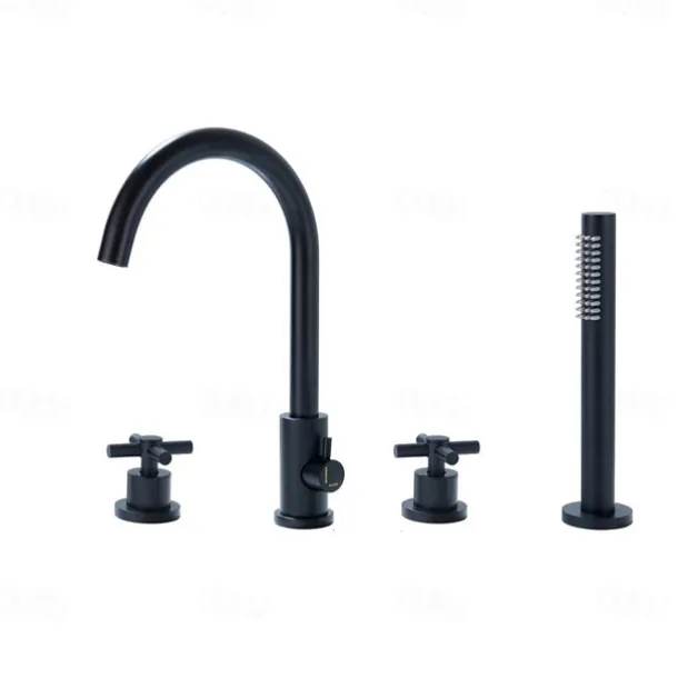 Bathtub Faucet - Contemporary Nickel Brushed Roman Tub Brass Valve Bath Shower Mixer Taps / Two Handles Four Holes