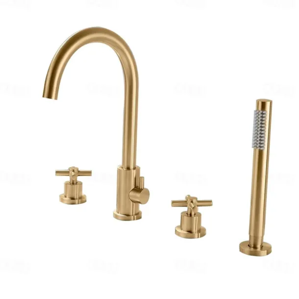 Bathtub Faucet - Contemporary Nickel Brushed Roman Tub Brass Valve Bath Shower Mixer Taps / Two Handles Four Holes
