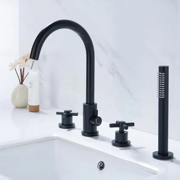 Bathtub Faucet - Contemporary Nickel Brushed Roman Tub Brass Valve Bath Shower Mixer Taps / Two Handles Four Holes