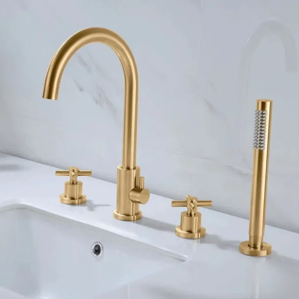 Bathtub Faucet - Contemporary Nickel Brushed Roman Tub Brass Valve Bath Shower Mixer Taps / Two Handles Four Holes