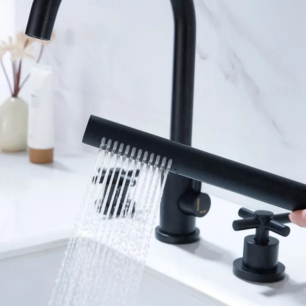 Bathtub Faucet - Contemporary Nickel Brushed Roman Tub Brass Valve Bath Shower Mixer Taps / Two Handles Four Holes