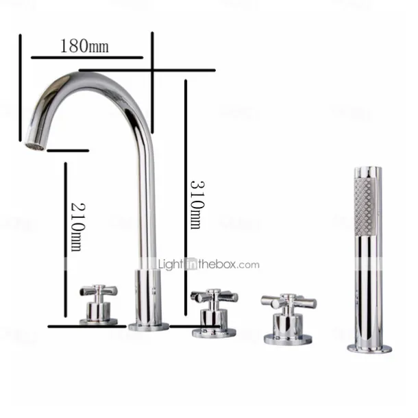Bathtub Faucet 5 Hole Bathroom Tub Taps Deck Mounted, 3 Handle Sink Mixer Hot and Cold Bathroom Shower Faucets with Handshower Handheld Tap