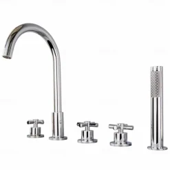 Bathtub Faucet 5 Hole Bathroom Tub Taps Deck Mounted, 3 Handle Sink Mixer Hot and Cold Bathroom Shower Faucets with Handshower Handheld Tap
