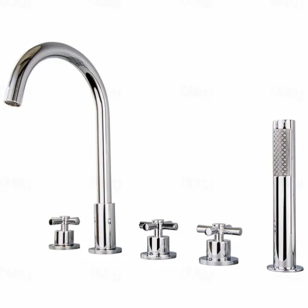 Bathtub Faucet 5 Hole Bathroom Tub Taps Deck Mounted, 3 Handle Sink Mixer Hot and Cold Bathroom Shower Faucets with Handshower Handheld Tap