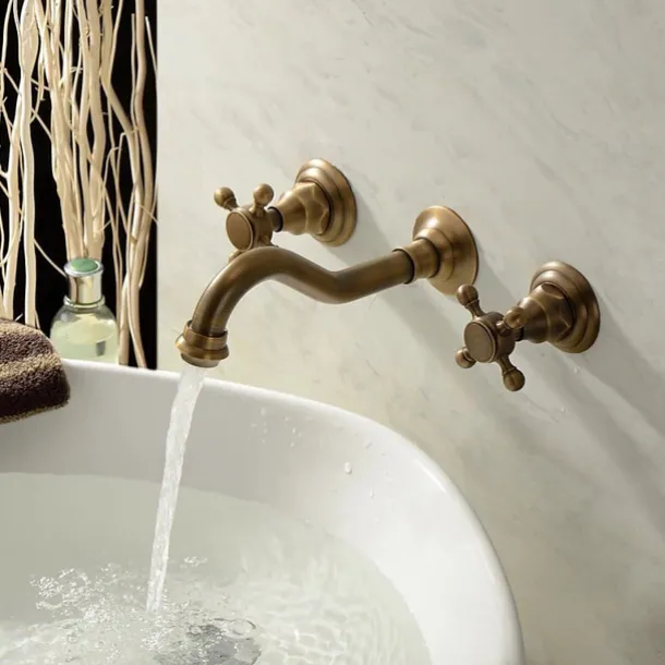 Bathtub Faucet - Retro Antique Brass Wall Installation Ceramic Valve Bath Shower Mixer Taps