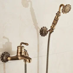 Bathtub Faucet - Retro Antique Brass Wall Installation Ceramic Valve Bath Shower Mixer Taps / Country / Single Handle / Yes / Rain Shower / Handshower Included
