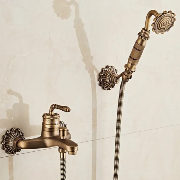 Bathtub Faucet - Retro Antique Brass Wall Installation Ceramic Valve Bath Shower Mixer Taps / Country / Single Handle / Yes / Rain Shower / Handshower Included