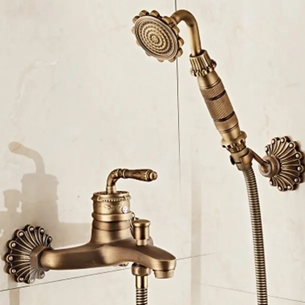 Bathtub Faucet - Retro Antique Brass Wall Installation Ceramic Valve Bath Shower Mixer Taps / Country / Single Handle / Yes / Rain Shower / Handshower Included