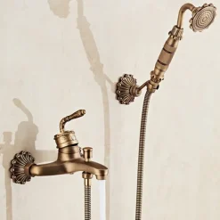 Bathtub Faucet - Retro Antique Brass Wall Installation Ceramic Valve Bath Shower Mixer Taps / Country / Single Handle / Yes / Rain Shower / Handshower Included