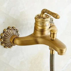 Bathtub Faucet - Retro Antique Brass Wall Installation Ceramic Valve Bath Shower Mixer Taps / Country / Single Handle / Yes / Rain Shower / Handshower Included