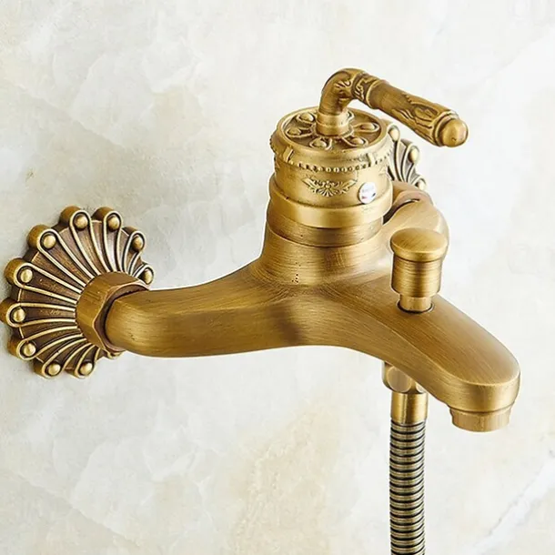 Bathtub Faucet - Retro Antique Brass Wall Installation Ceramic Valve Bath Shower Mixer Taps / Country / Single Handle / Yes / Rain Shower / Handshower Included