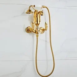 Bathtub Faucet - Retro Vintage Electroplated Wall Installation Brass Valve Bath Shower Mixer Taps