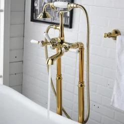 Bathtub Faucet - Retro Vintage Electroplated Free Standing Ceramic Valve Bath Shower Mixer Taps