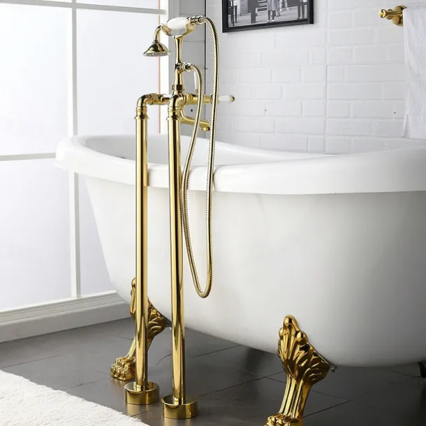 Bathtub Faucet - Retro Vintage Electroplated Free Standing Ceramic Valve Bath Shower Mixer Taps