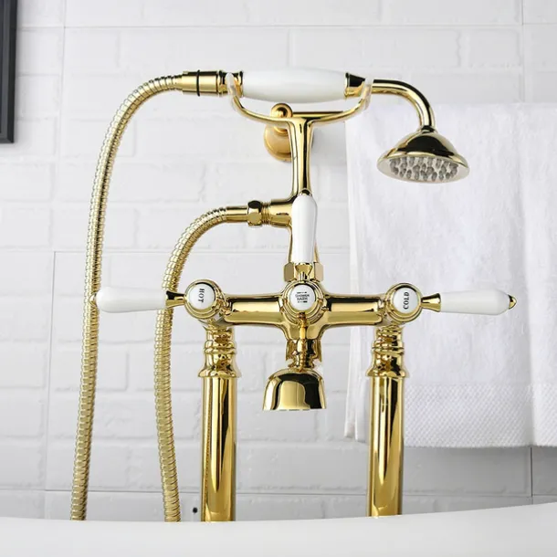 Bathtub Faucet - Retro Vintage Electroplated Free Standing Ceramic Valve Bath Shower Mixer Taps