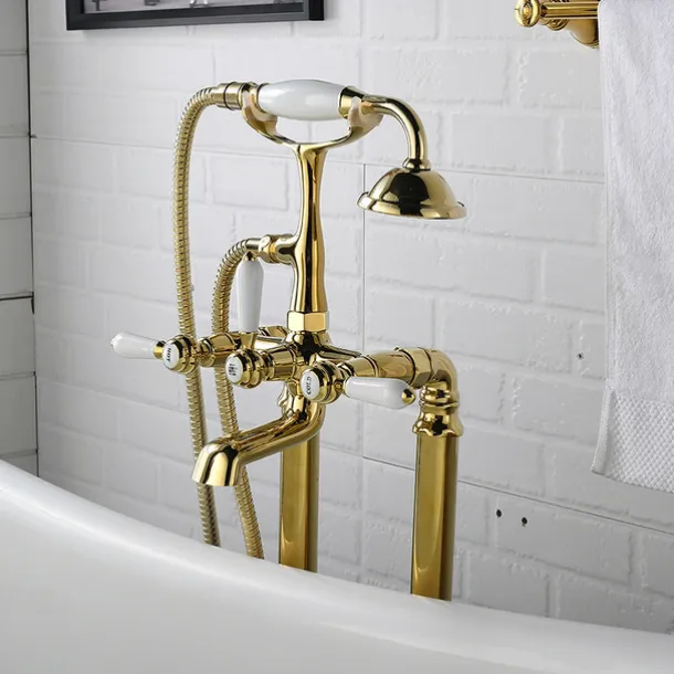 Bathtub Faucet - Retro Vintage Electroplated Free Standing Ceramic Valve Bath Shower Mixer Taps