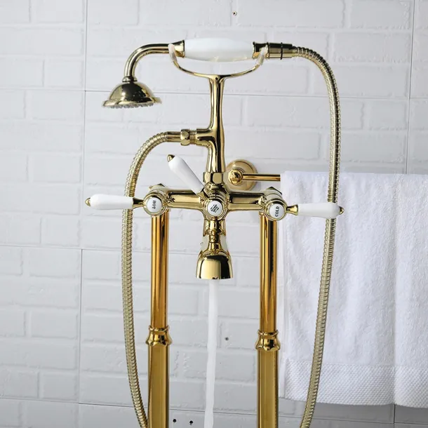 Bathtub Faucet - Retro Vintage Electroplated Free Standing Ceramic Valve Bath Shower Mixer Taps