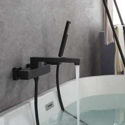 Bathtub Faucet Black Wall Mounted, Bathroom Faucet Bath Roman Tub Filler Mixer Tap Brass, 2 Hole Sprayer with Cold Hot Water Hose