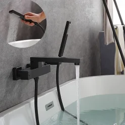 Bathtub Faucet Black Wall Mounted, Bathroom Faucet Bath Roman Tub Filler Mixer Tap Brass, 2 Hole Sprayer with Cold Hot Water Hose