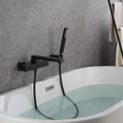 Bathtub Faucet Black Wall Mounted, Bathroom Faucet Bath Roman Tub Filler Mixer Tap Brass, 2 Hole Sprayer with Cold Hot Water Hose