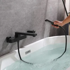 Bathtub Faucet Black Wall Mounted, Bathroom Faucet Bath Roman Tub Filler Mixer Tap Brass, 2 Hole Sprayer with Cold Hot Water Hose