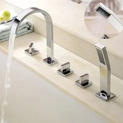 Bathtub Faucet Deck Mounted, Bathroom Faucet Bath Roman Tub Filler Mixer Tap Brass with Handheld, 5 Hole 3 Handle Sprayer with Cold Hot Water Hose