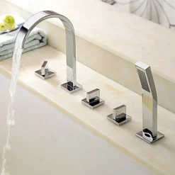 Bathtub Faucet Deck Mounted, Bathroom Faucet Bath Roman Tub Filler Mixer Tap Brass with Handheld, 5 Hole 3 Handle Sprayer with Cold Hot Water Hose