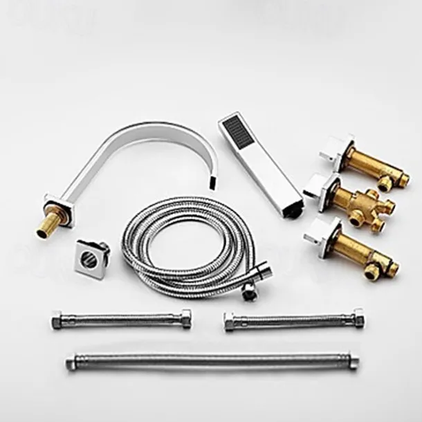 Bathtub Faucet Deck Mounted, Bathroom Faucet Bath Roman Tub Filler Mixer Tap Brass with Handheld, 5 Hole 3 Handle Sprayer with Cold Hot Water Hose