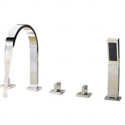 Bathtub Faucet Deck Mounted, Bathroom Faucet Bath Roman Tub Filler Mixer Tap Brass with Handheld, 5 Hole 3 Handle Sprayer with Cold Hot Water Hose