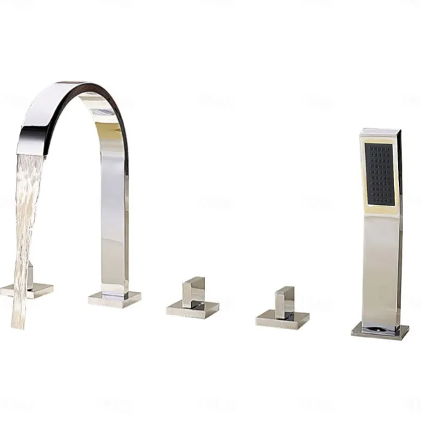 Bathtub Faucet Deck Mounted, Bathroom Faucet Bath Roman Tub Filler Mixer Tap Brass with Handheld, 5 Hole 3 Handle Sprayer with Cold Hot Water Hose