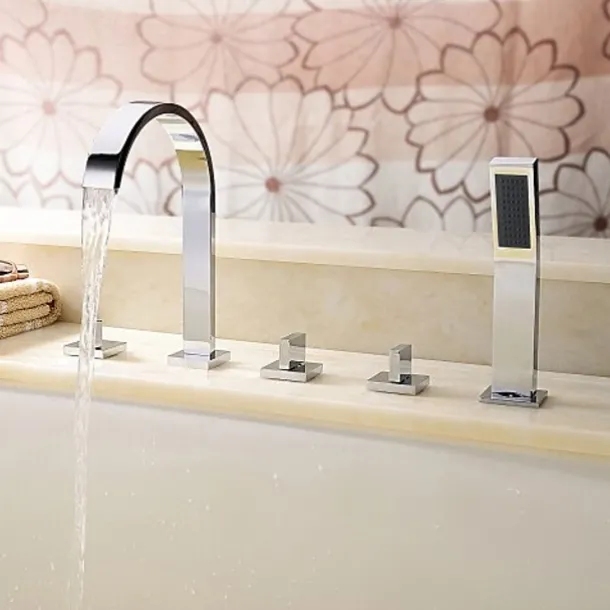 Bathtub Faucet Deck Mounted, Bathroom Faucet Bath Roman Tub Filler Mixer Tap Brass with Handheld, 5 Hole 3 Handle Sprayer with Cold Hot Water Hose