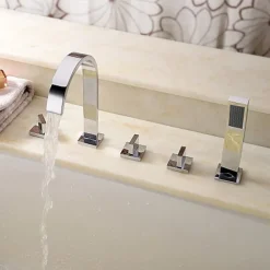 Bathtub Faucet Deck Mounted, Bathroom Faucet Bath Roman Tub Filler Mixer Tap Brass with Handheld, 5 Hole 3 Handle Sprayer with Cold Hot Water Hose