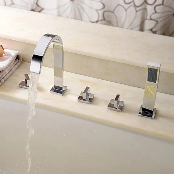 Bathtub Faucet Deck Mounted, Bathroom Faucet Bath Roman Tub Filler Mixer Tap Brass with Handheld, 5 Hole 3 Handle Sprayer with Cold Hot Water Hose