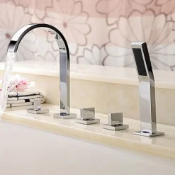 Bathtub Faucet Deck Mounted, Bathroom Faucet Bath Roman Tub Filler Mixer Tap Brass with Handheld, 5 Hole 3 Handle Sprayer with Cold Hot Water Hose